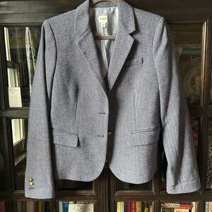 J. Crew wool blend herringbone blazer in blue, red collar